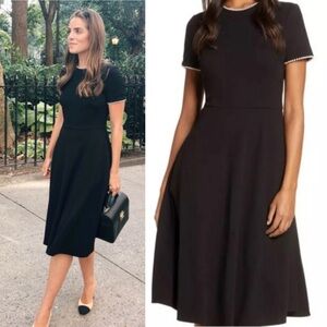 GAL MEETS GLAM Victoria Pearl Trimmed Black Short Sleeve MIDI Dress